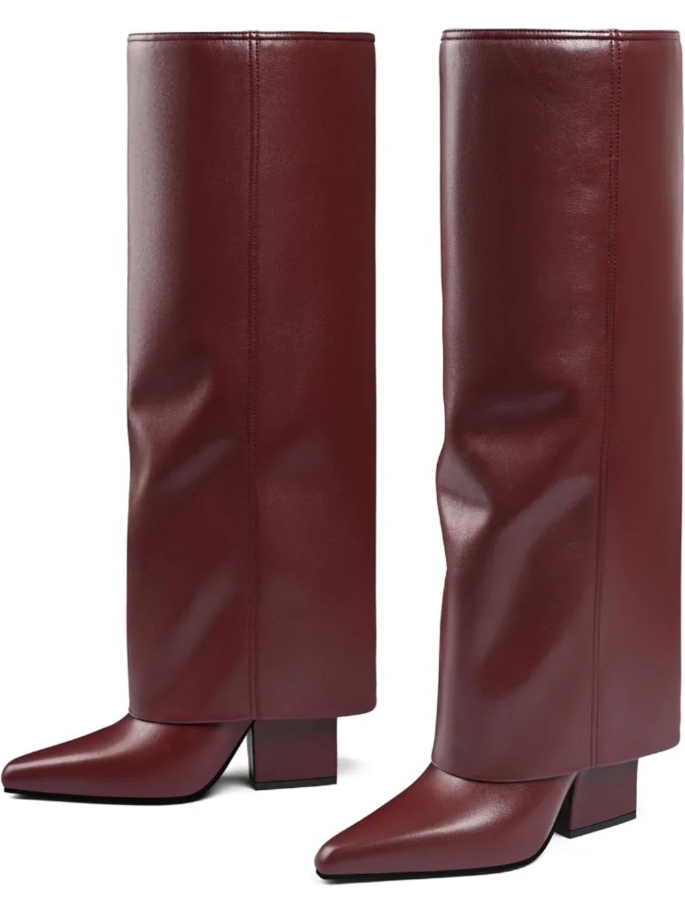 Women's Burgundy Block Low Heels Knee High Fold Over Pointed Toe Shark Tall Boot